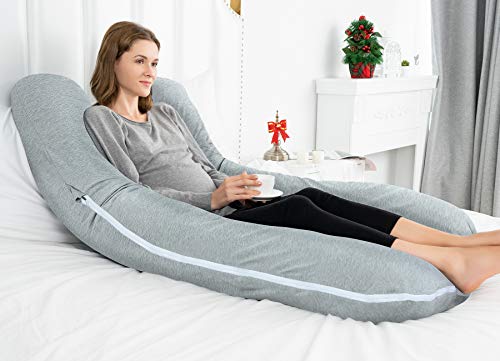 QUEEN ROSE Almohada en Forma de U, Almohada para el Embarazo con Funda Cool Jersey, Almohada para Todo el Cuerpo para Mujeres Embarazadas (Gris)