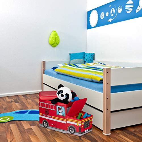 Relaxdays Baúl para juguetes, Taburete infantil plegable, Caja con compartimento, Para niños y niños, Forma de autobús, 50 L, Camión de bomberos