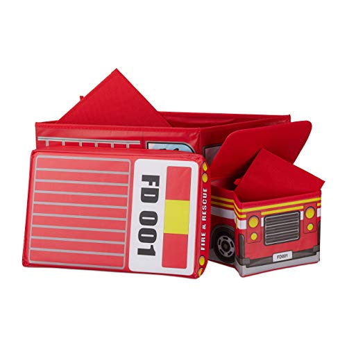 Relaxdays Baúl para juguetes, Taburete infantil plegable, Caja con compartimento, Para niños y niños, Forma de autobús, 50 L, Camión de bomberos