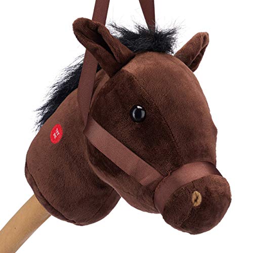 Relaxdays Caballito de Palo, Caballo Juguete con Sonido, Madera y Peluche, Relincha y Galopa, 1 Ud, 67 cm, Marrón, Color, estándar (10023851)