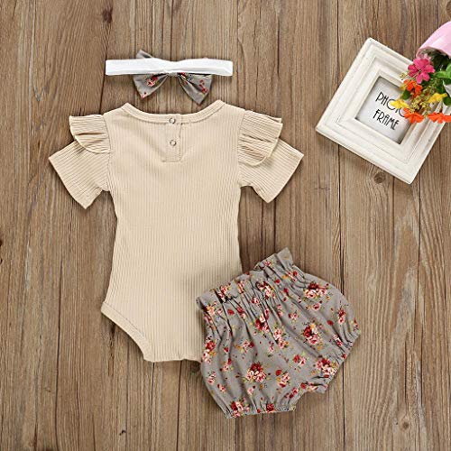 Ropa Bebe Niña Verano Fossen Recién Nacido 0 a 24 Meses Monos con Volantes y Florales Pantalones Cortos,Conjunto/2PC (Khaki, 0-6 Meses)