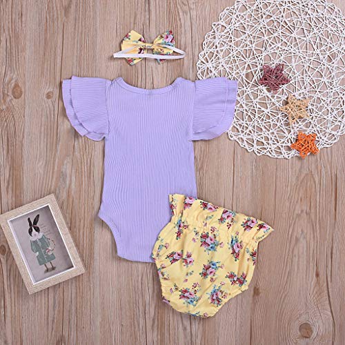 Ropa Bebe Niña Verano Fossen Recién Nacido 0 a 24 Meses Monos con Volantes y Florales Pantalones Cortos,Conjunto/2PC (Morado, 12-18 Meses)