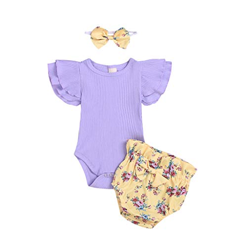 Ropa Bebe Niña Verano Fossen Recién Nacido 0 a 24 Meses Monos con Volantes y Florales Pantalones Cortos,Conjunto/2PC (Morado, 12-18 Meses)