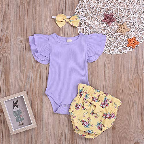 Ropa Bebe Niña Verano Fossen Recién Nacido 0 a 24 Meses Monos con Volantes y Florales Pantalones Cortos,Conjunto/2PC (Morado, 12-18 Meses)