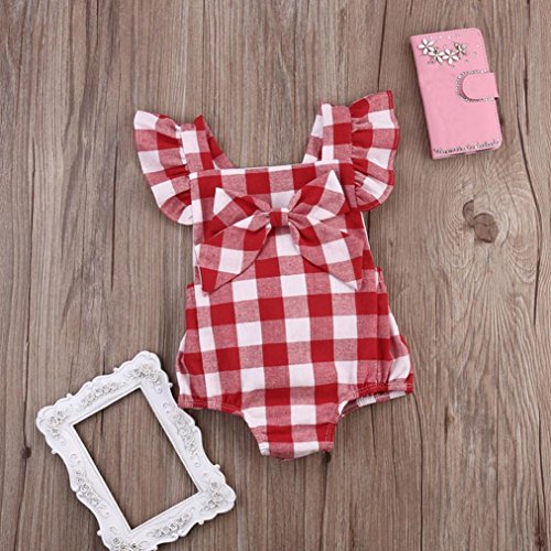 Ropa Bebe Niña Verano Fossen Recién Nacido Bebé Mono de Cuadros con Horquilla (12-18 Meses, Rojo)