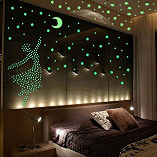 Rouku Glow Star Moon Adhesivos de Pared para Habitaciones de niños Baby Bedroom Decal Decoración para el hogar Techo Luminoso Fluorescente DIY Etiqueta de la Pared