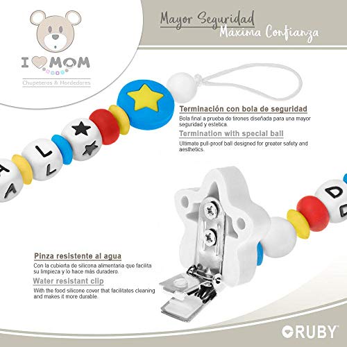 RUBY - Chupetero Personalizado para Bebe con Nombre Bola Silicona Antibacteriana con Pinza de Acero Inoxidable (Azul, Sin Chupetes)