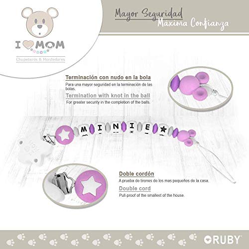 RUBY - Chupetero Personalizado para Bebe con Nombre Bola Silicona Antibacteriana con Pinza de Acero Inoxidable (Morado, Chupeteros)