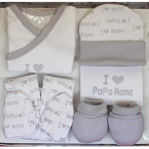 Set Regalo Primera Puesta"I Love You": Gorrito + Pantalón + Camiseta + Manoplas + Babero - Color Gris.