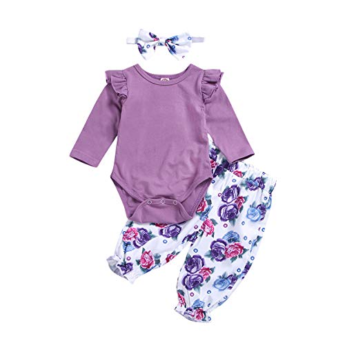 Sfuzwg - Juego de ropa para bebé (manga larga, pantalones de flores, 3 unidades) Violett-1 12-18 Meses