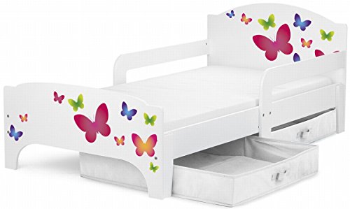 Smart Cama Infantil de Madera 140/70 Cama Para Niños Marco de Cama Colchón y Cajón Cómodo Alta Validad Vuarto de Niños Muebles Para Niños Dormitorio Impresa Mariposas Coloridas Mariposa Rosa