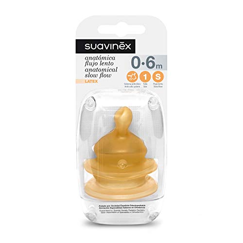 Suavinex - Pack 2 Tetinas Anatómicas de Látex Boca Ancha. Talla 1S Flujo Lento (Glucosa y Agua). Tetina 0-6 Meses. Con Sistema Anticólico, 2 Unidades