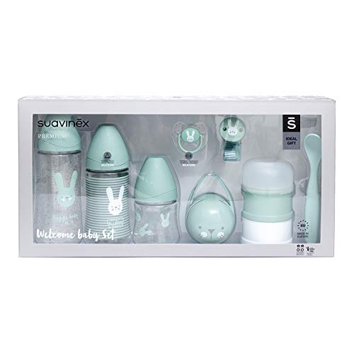 Suavinex Set Premium Recién Nacido con Biberón 150ml, 270ml y 360ml, Dosificador de leche, Chupete fisiológico -2-4 meses, Broche cinta y Cuchara, Verde