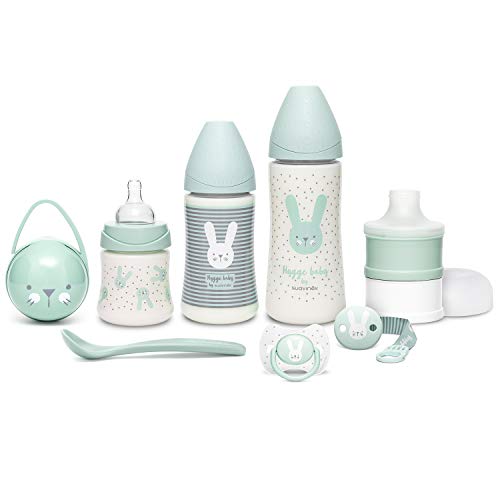 Suavinex Set Premium Recién Nacido con Biberón 150ml, 270ml y 360ml, Dosificador de leche, Chupete fisiológico -2-4 meses, Broche cinta y Cuchara, Verde