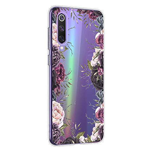 Suhctup Funda Compatible con Xiaomi Mi 9 Transparente,Silicona TPU Gel Carcasa Dibujos Flor Crystal Suave Bumper Ultra Delgado [Soporte Carga Inalámbrica] Antigolpes Case Cover,Flor 4