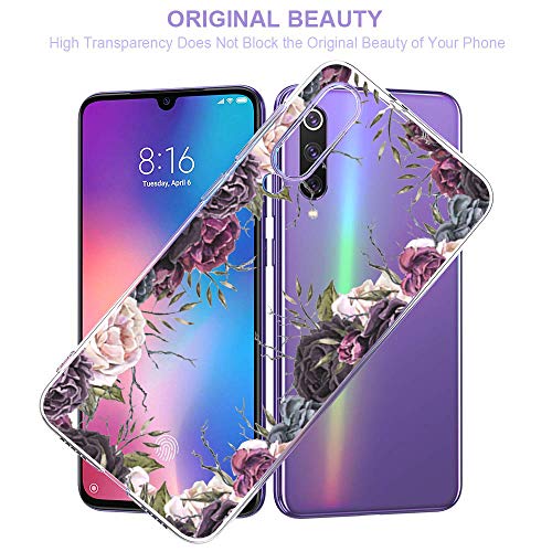 Suhctup Funda Compatible con Xiaomi Mi 9 Transparente,Silicona TPU Gel Carcasa Dibujos Flor Crystal Suave Bumper Ultra Delgado [Soporte Carga Inalámbrica] Antigolpes Case Cover,Flor 4