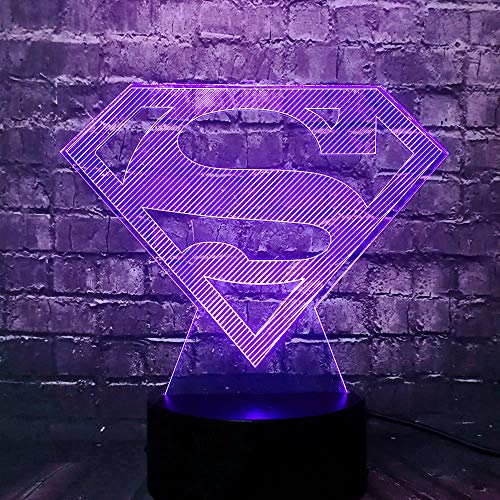 Superman Hero Logo 3D Illusion Lamp - Lámpara de decoración de tres patrones y 7 colores - Regalos perfectos para niños