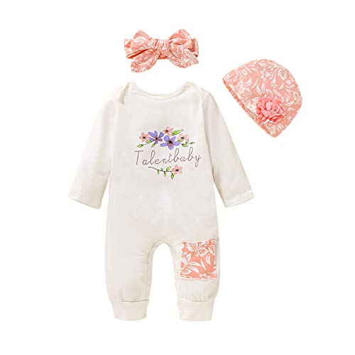 T TALENTBABY - Pelele de manga larga para recién nacidos con estampado de flores + gorro de flores + juego de ropa con lazo Blanco 90 cm(6-12 meses)