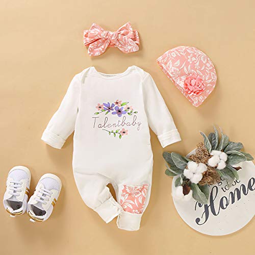 T TALENTBABY - Pelele de manga larga para recién nacidos con estampado de flores + gorro de flores + juego de ropa con lazo Blanco 90 cm(6-12 meses)