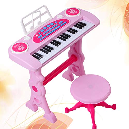 Toyvian 37 teclas teclado piano con micrófono y taburete electrónico teclado instrumento de música para niños niños niñas niños regalos con US Plug (rosa)