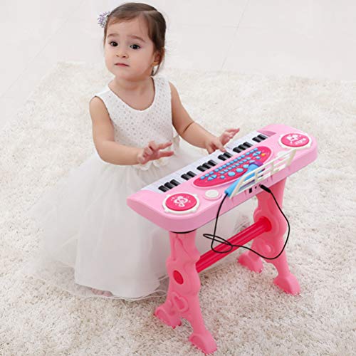 Toyvian 37 teclas teclado piano con micrófono y taburete electrónico teclado instrumento de música para niños niños niñas niños regalos con US Plug (rosa)