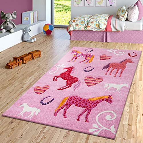 T&T Design Alfombra De Habitación Infantil De Diseño Contorneado con Caballos En Rosa Y Lila, Größe:80x150 cm