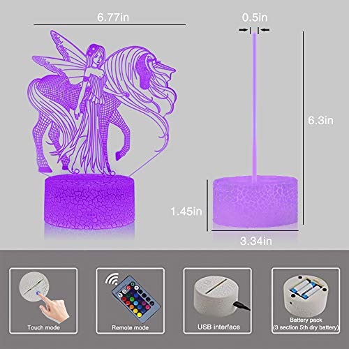 Unicornio 3D Luz nocturna para niños, LED USB Luces nocturnas Ilusión Caballo Lámpara de mesa táctil Luces con control remoto para la decoración del partido Presentes de cumpleaños(Princess Unicorn)