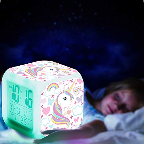 Unicornio Relojes de alarma digitales para niñas, LED de noche que brilla intensamente Reloj LCD con luz para niños Despertar Reloj de cabecera Regalos de cumpleaños para niños Mujeres Dormitorio (7)