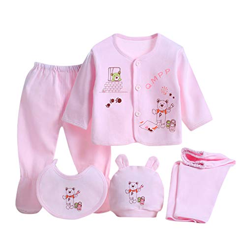 Value Pack Recién Nacido Bebé, LANSKIRT 6PCS Bebé Niña Niño Dibujos Animados Manga Larga Tops + Sombrero + Dos Pantalones + Conjunto de Traje Babero