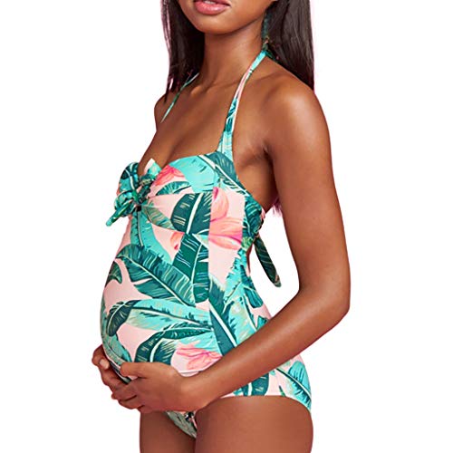 VECDY Bikini Premama Verano, Moda Suave Bañadores Premama Mujer Traje De Baño Maternidad De Liga con Estampado De Hojas Embarazo Ajustable Monokini Conjuntos Natación Verano （Multicolor，L）