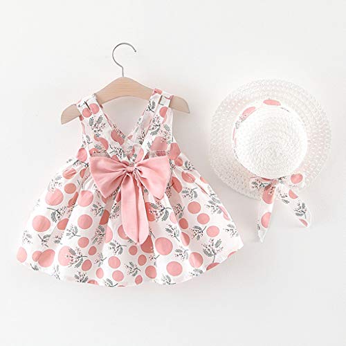 Vestido Niña Verano Playa y Sombrero para el Sol Bohemia Lunares Lazo Sin Mangas Ropa Bebe Niña Recien Nacido Bautizo Princesa Vestidos Bebe Niña Disfraz Ninas Vestir Chica (1# Rosa, 12-18 Meses)