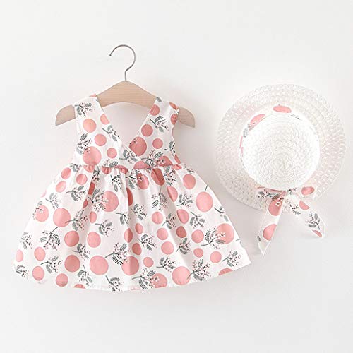 Vestido Niña Verano Playa y Sombrero para el Sol Bohemia Lunares Lazo Sin Mangas Ropa Bebe Niña Recien Nacido Bautizo Princesa Vestidos Bebe Niña Disfraz Ninas Vestir Chica (1# Rosa, 12-18 Meses)