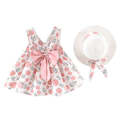 Vestido Niña Verano Playa y Sombrero para el Sol Bohemia Lunares Lazo Sin Mangas Ropa Bebe Niña Recien Nacido Bautizo Princesa Vestidos Bebe Niña Disfraz Ninas Vestir Chica (1# Rosa, 12-18 Meses)