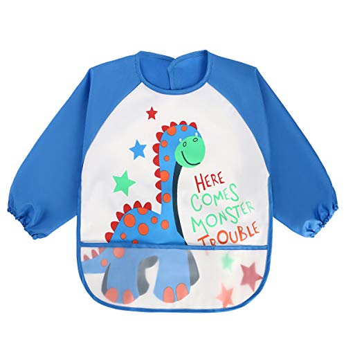 Vicloon Impermeable Manga Larga Bebé Babero,Conjunto de 3 Niños Artes Artesanales Pintura Delantal con Diseño Exclusivo - Bolsillo Frontal para Niños de 1 a 3 Años