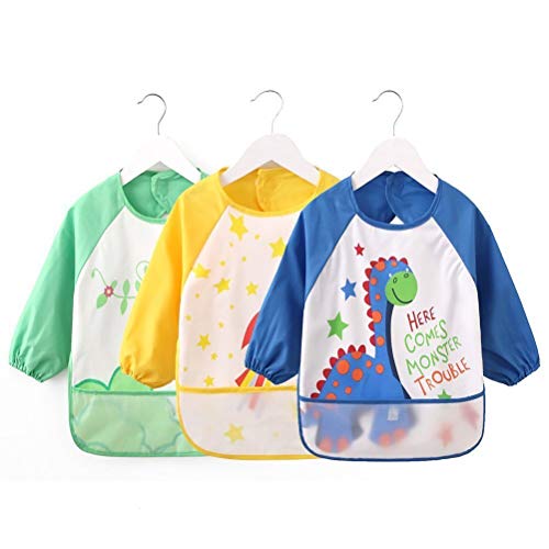 Vicloon Impermeable Manga Larga Bebé Babero,Conjunto de 3 Niños Artes Artesanales Pintura Delantal con Diseño Exclusivo - Bolsillo Frontal para Niños de 1 a 3 Años