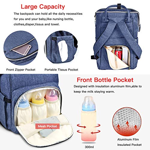 Viedouce Mochilas para Pañales Biberones, Bolso del Bebé Mamá,Impermeable con Estilo Oxford Bolso Pañal de Gran Capacidad, con Portátil Cambiador y 2 Piezas Ganchos Carrito Bebé (Color-Azul)