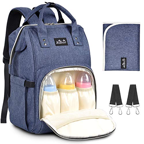 Viedouce Mochilas para Pañales Biberones, Bolso del Bebé Mamá,Impermeable con Estilo Oxford Bolso Pañal de Gran Capacidad, con Portátil Cambiador y 2 Piezas Ganchos Carrito Bebé (Color-Azul)