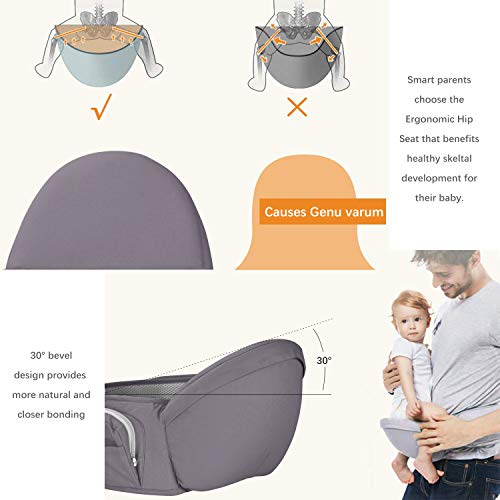 Viedouce Portabebé Ergonómico Asiento de Cadera,con Protección del Cinturón la Seguridad,Algodón Puro Ligero,Taburete de Cintura de Posición Múltiple por Bebé Niños 6-36 Meses(Gris Oscuro)