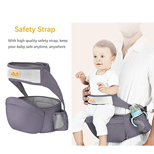 Viedouce Portabebé Ergonómico Asiento de Cadera,con Protección del Cinturón la Seguridad,Algodón Puro Ligero,Taburete de Cintura de Posición Múltiple por Bebé Niños 6-36 Meses(Gris Oscuro)