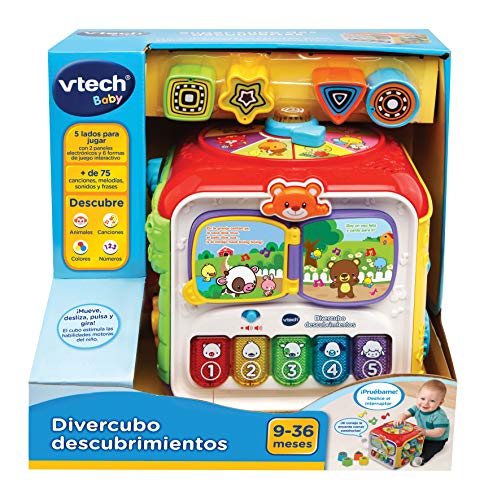 VTech - Divercubo descubrimientos, Cubo multiactividades para Explorar 6 Formas de Juego en Sus 5 Lados interactivos, Libro Musical, Teclas de Piano, Piezas encajables, Colores, Animales (80-183422)