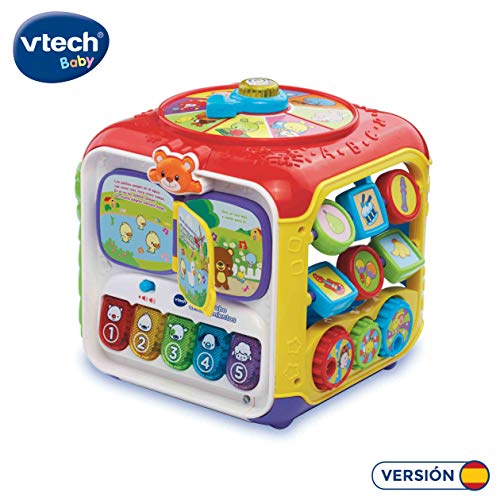 VTech - Divercubo descubrimientos, Cubo multiactividades para Explorar 6 Formas de Juego en Sus 5 Lados interactivos, Libro Musical, Teclas de Piano, Piezas encajables, Colores, Animales (80-183422)