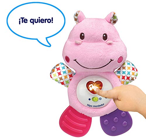 VTech HIPO Mordedor Hipopótamo de Peluche Musical y sonajero Que Ayuda a calmar y aliviar a tu Bebe con tiernas Frases, Canciones y melodías, Color Rosa (3480-502557)