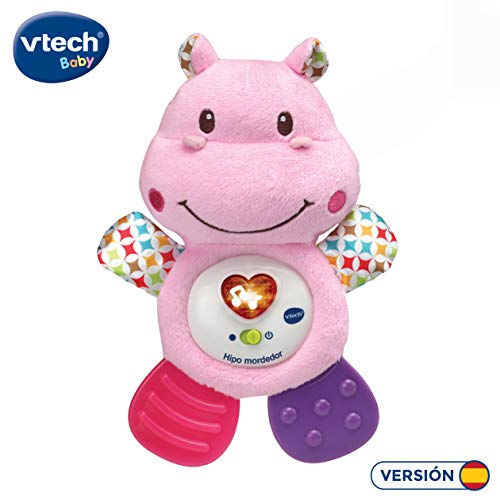 VTech HIPO Mordedor Hipopótamo de Peluche Musical y sonajero Que Ayuda a calmar y aliviar a tu Bebe con tiernas Frases, Canciones y melodías, Color Rosa (3480-502557)