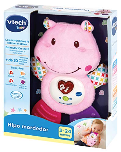 VTech HIPO Mordedor Hipopótamo de Peluche Musical y sonajero Que Ayuda a calmar y aliviar a tu Bebe con tiernas Frases, Canciones y melodías, Color Rosa (3480-502557)