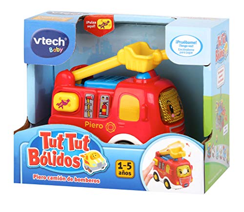 VTech- Piero camión de Bomberos TutTut Bólidos Vehículo Interactivo con luz, Voz, música y Efectos de Sonido, Incluye botón Sorpresa, Multicolor (80-514022)