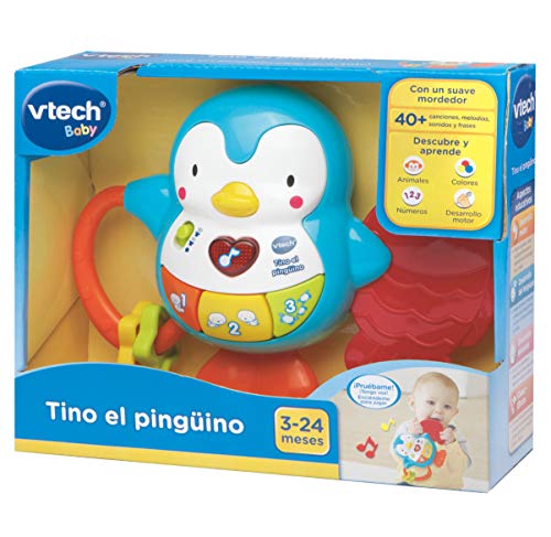 VTech - Tino el pingüino, Juguete para bebé, mordedor y sonajero interactivo con actividades para descubrir los animales, números, colores y divertidas canciones