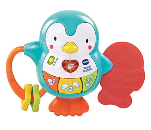 VTech - Tino el pingüino, Juguete para bebé, mordedor y sonajero interactivo con actividades para descubrir los animales, números, colores y divertidas canciones