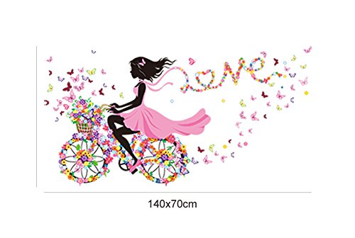 Wallpark Romántico Rosa Flor Mariposa Hada Niña Montando una Bicicleta de Flor Desmontable Pegatinas de Pared Etiqueta de la Pared, Bebé Niños Hogar Infantiles Dormitorio Vivero DIY Arte Murales