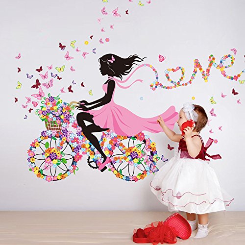 Wallpark Romántico Rosa Flor Mariposa Hada Niña Montando una Bicicleta de Flor Desmontable Pegatinas de Pared Etiqueta de la Pared, Bebé Niños Hogar Infantiles Dormitorio Vivero DIY Arte Murales