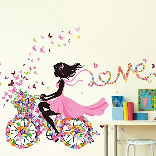 Wallpark Romántico Rosa Flor Mariposa Hada Niña Montando una Bicicleta de Flor Desmontable Pegatinas de Pared Etiqueta de la Pared, Bebé Niños Hogar Infantiles Dormitorio Vivero DIY Arte Murales